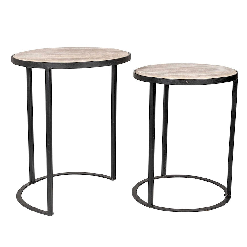 Ensemble de 2 tables d'appoint gigognes en bois de manguier | Style industriel | Piètement en fer noir ou doré | Aucun assemblage requis