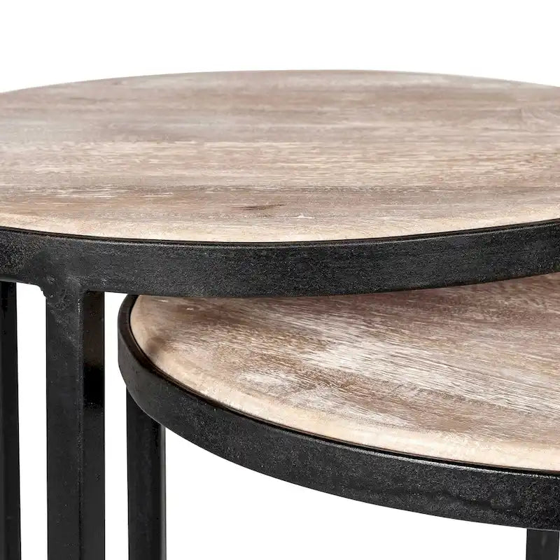 Ensemble de 2 tables d'appoint gigognes en bois de manguier | Style industriel | Piètement en fer noir ou doré | Aucun assemblage requis