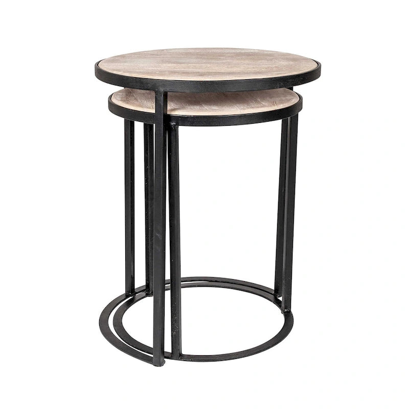 Ensemble de 2 tables d'appoint gigognes en bois de manguier | Style industriel | Piètement en fer noir ou doré | Aucun assemblage requis