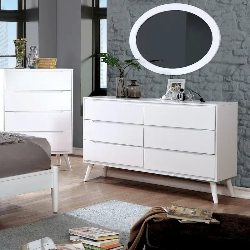 Commode 6 tiroirs et miroir ovale style moderne du milieu du siècle | Bois massif | Coulisses à extension complète | 4 coloris