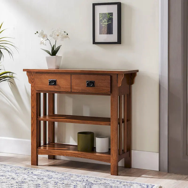 Console bibliothèque de style Mission avec 2 tiroirs | Bois de frêne massif | Quincaillerie noircie | 34"L