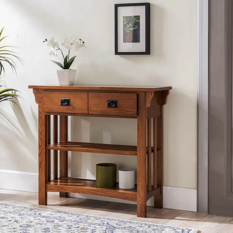 Console bibliothèque de style Mission avec 2 tiroirs | Bois de frêne massif | Quincaillerie noircie | 34"L
