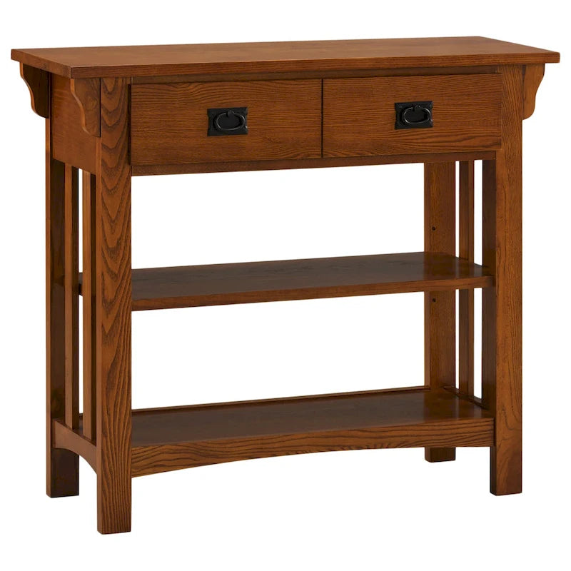 Console bibliothèque de style Mission avec 2 tiroirs | Bois de frêne massif | Quincaillerie noircie | 34"L