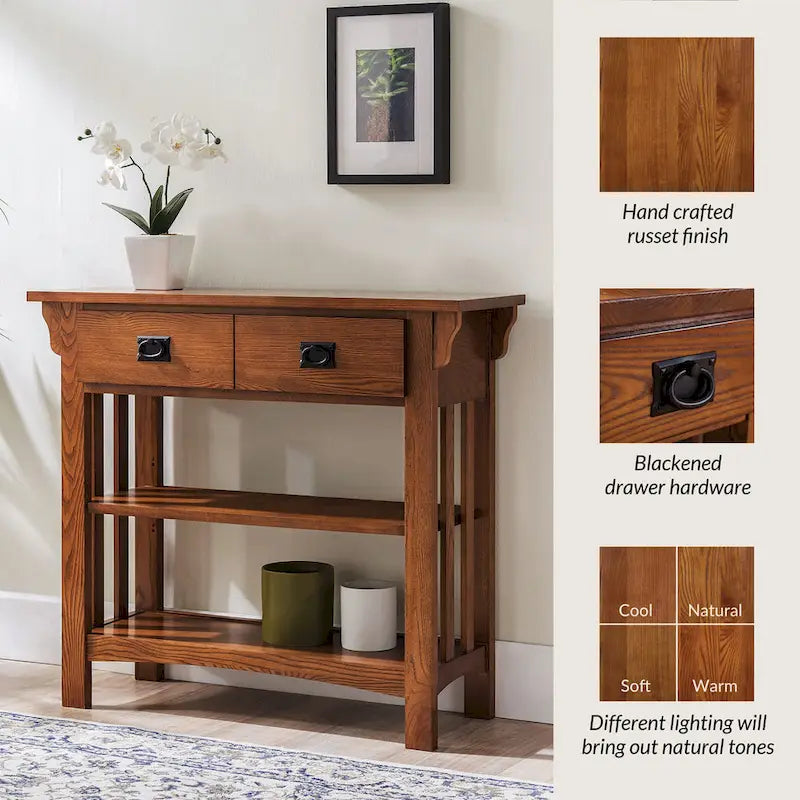 Console bibliothèque de style Mission avec 2 tiroirs | Bois de frêne massif | Quincaillerie noircie | 34"L