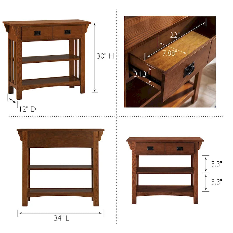 Console bibliothèque de style Mission avec 2 tiroirs | Bois de frêne massif | Quincaillerie noircie | 34"L