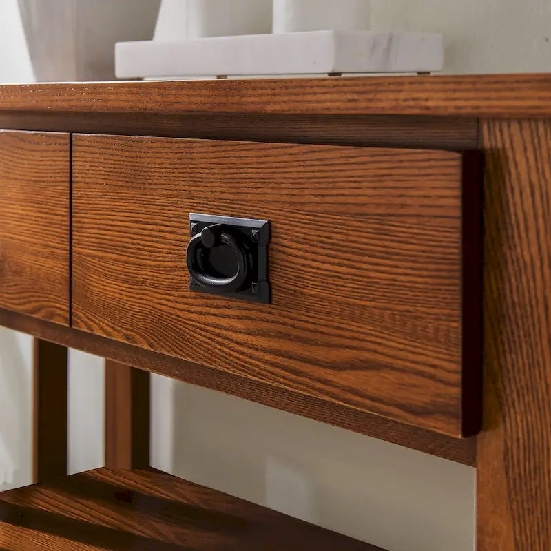 Console bibliothèque de style Mission avec 2 tiroirs | Bois de frêne massif | Quincaillerie noircie | 34"L
