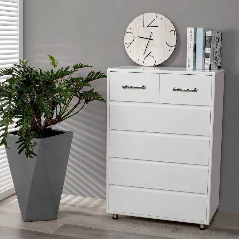 Commode moderne à 6 tiroirs | MDF E1 | Pieds en tube d'acier | Blanc ou Gris | 69,98 cm (L) | Poignées invisibles