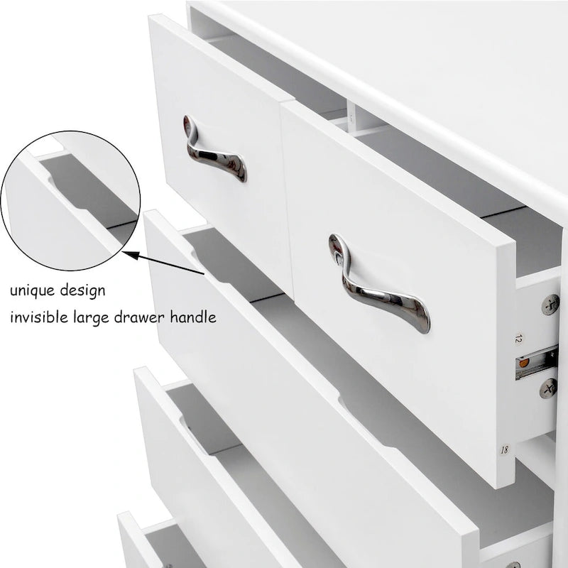 Commode moderne à 6 tiroirs | MDF E1 | Pieds en tube d'acier | Blanc ou Gris | 69,98 cm (L) | Poignées invisibles