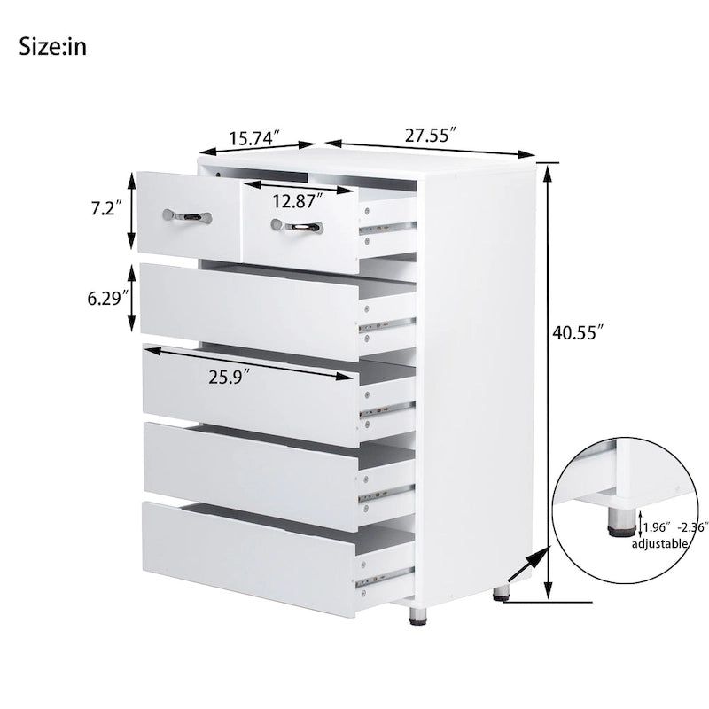Commode moderne à 6 tiroirs | MDF E1 | Pieds en tube d'acier | Blanc ou Gris | 69,98 cm (L) | Poignées invisibles