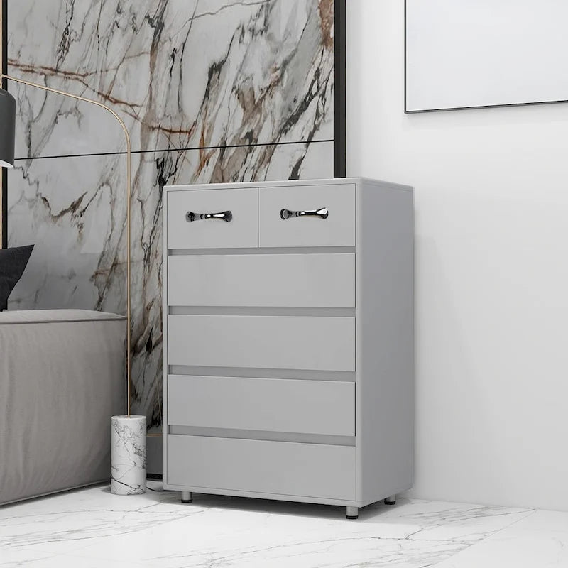 Commode moderne à 6 tiroirs | MDF E1 | Pieds en tube d'acier | Blanc ou Gris | 69,98 cm (L) | Poignées invisibles