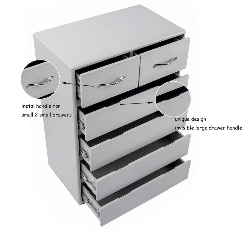 Commode moderne à 6 tiroirs | MDF E1 | Pieds en tube d'acier | Blanc ou Gris | 69,98 cm (L) | Poignées invisibles