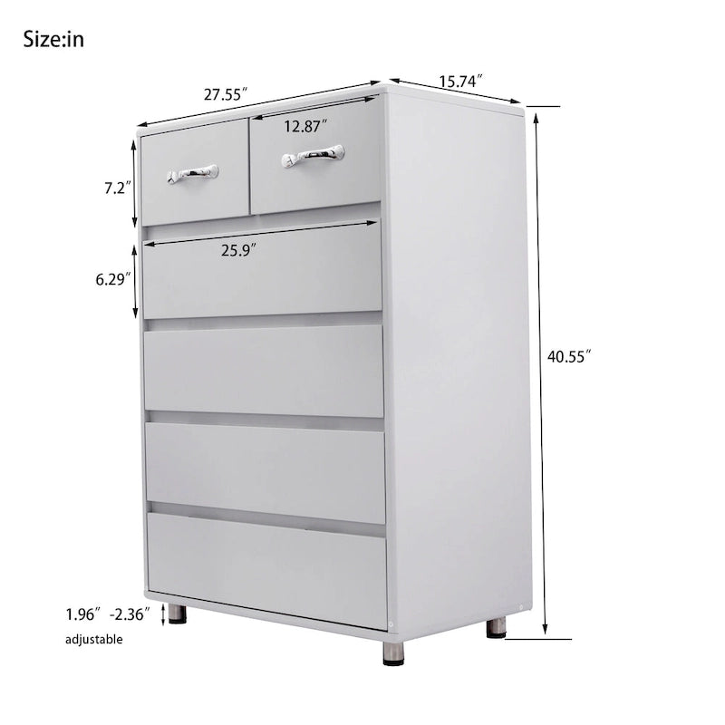 Commode moderne à 6 tiroirs | MDF E1 | Pieds en tube d'acier | Blanc ou Gris | 69,98 cm (L) | Poignées invisibles