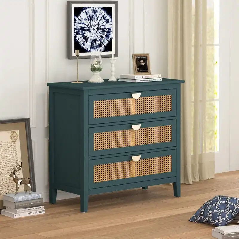 Commode de rangement 3 tiroirs en rotin naturel