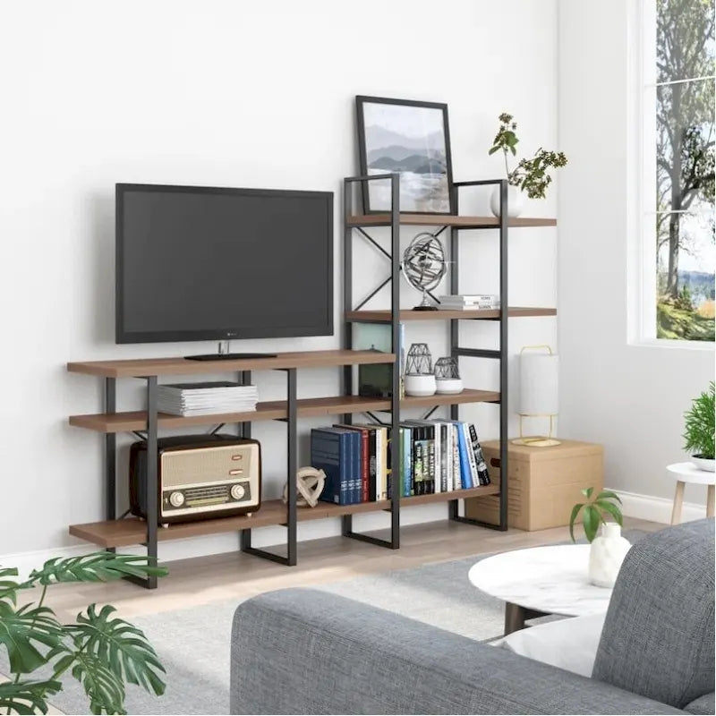Meuble TV industriel avec bibliothèque à 4 niveaux | Convient aux téléviseurs jusqu'à 55" | Cadre en métal | Étagères effet bois | H 210 cm
