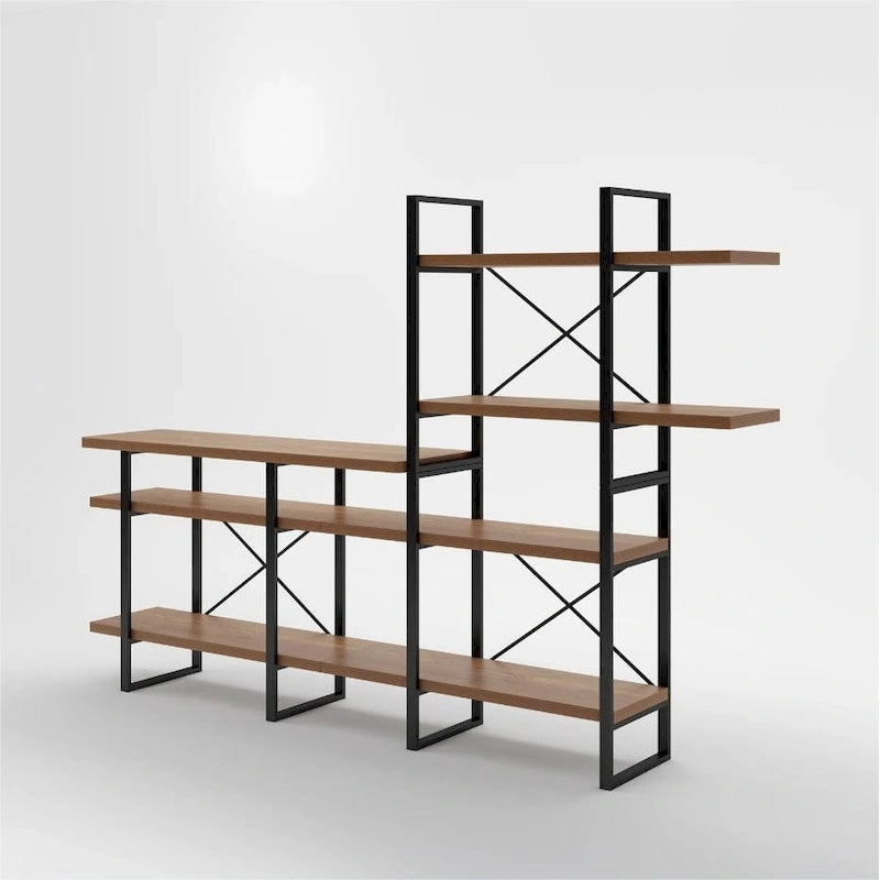 Meuble TV industriel avec bibliothèque à 4 niveaux | Convient aux téléviseurs jusqu'à 55" | Cadre en métal | Étagères effet bois | H 210 cm