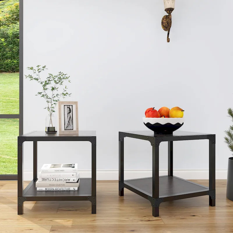 Tables d'appoint carrées (lot de 2) | Plateau et étagère en MDF | Coins en métal thermolaqué | Rustique | 20x20x20"