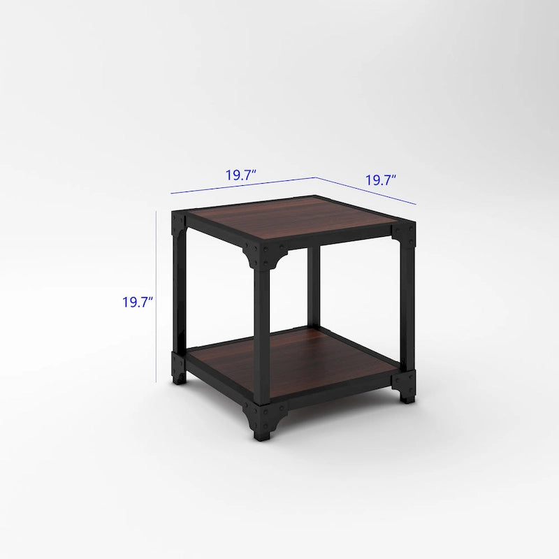 Tables d'appoint carrées (lot de 2) | Plateau et étagère en MDF | Coins en métal thermolaqué | Rustique | 20x20x20"