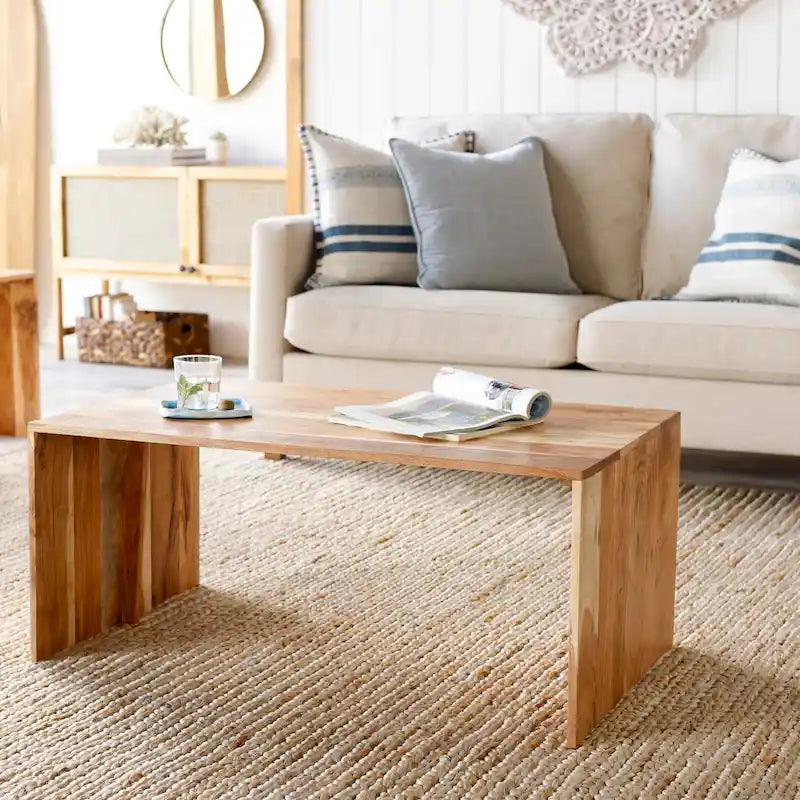 Table basse minimaliste en bois massif | Marron/Havane chaud | Incrustation métallique | Fabriquée à la main en Inde | Moderne