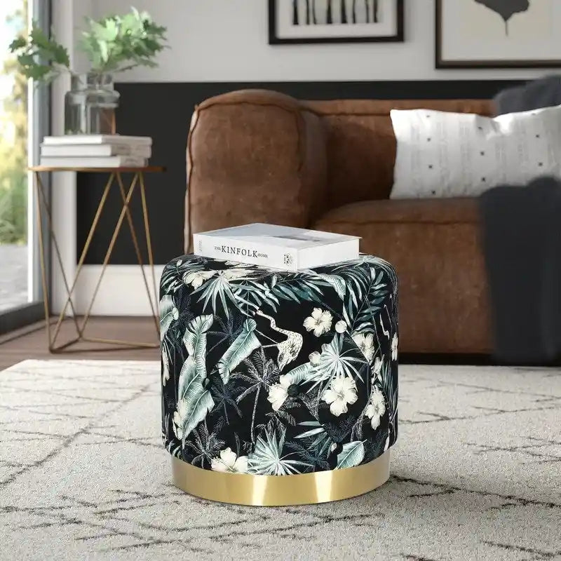 Repose-pieds rond en velours ottoman | Base en acier finition or | Coussin en mousse | 113 kg | Antidérapant | Plusieurs coloris
