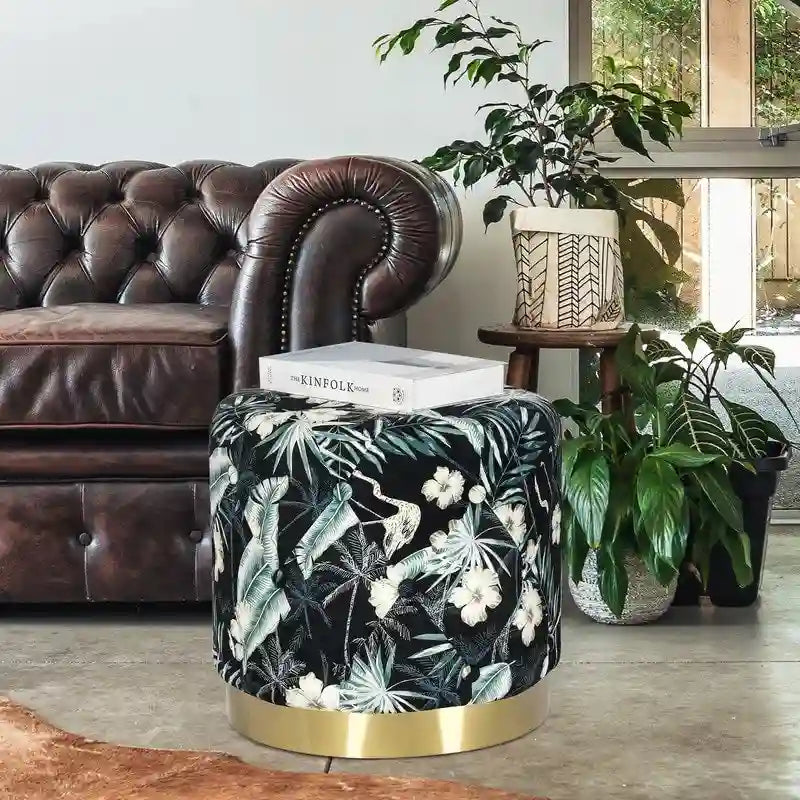 Repose-pieds rond en velours ottoman | Base en acier finition or | Coussin en mousse | 113 kg | Antidérapant | Plusieurs coloris