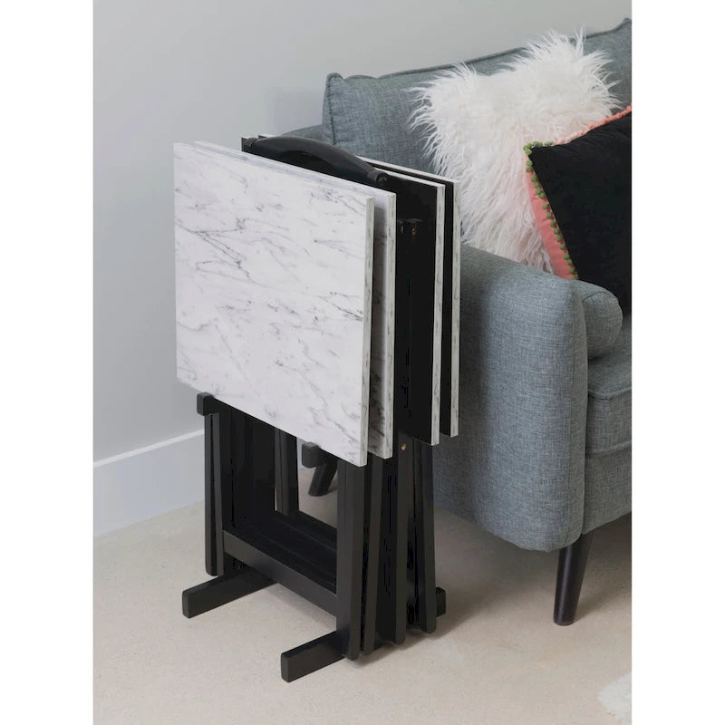 Ensemble de 4 tables de service imitation marbre avec support de rangement | Pliables | Base noire | Capacité de 9 kg
