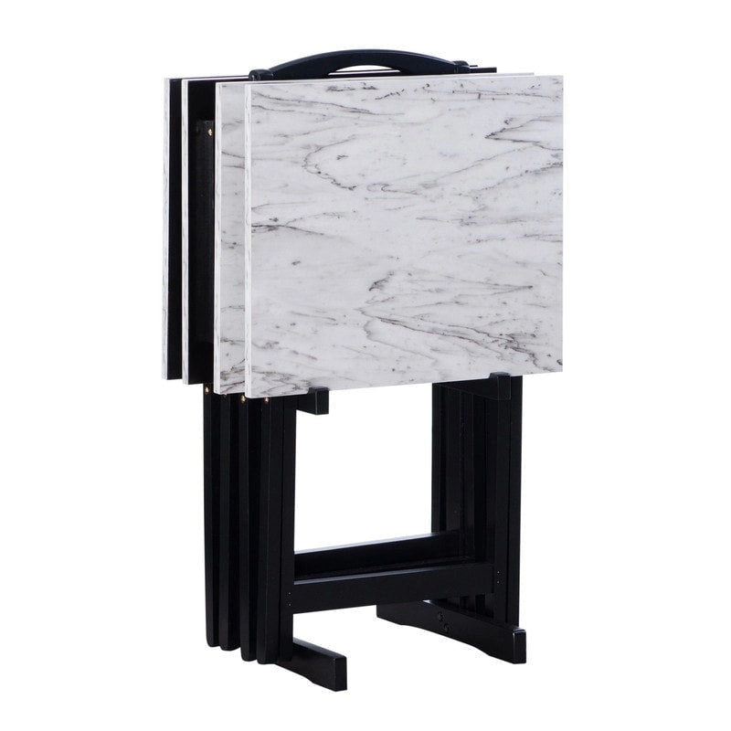 Ensemble de 4 tables de service imitation marbre avec support de rangement | Pliables | Base noire | Capacité de 9 kg