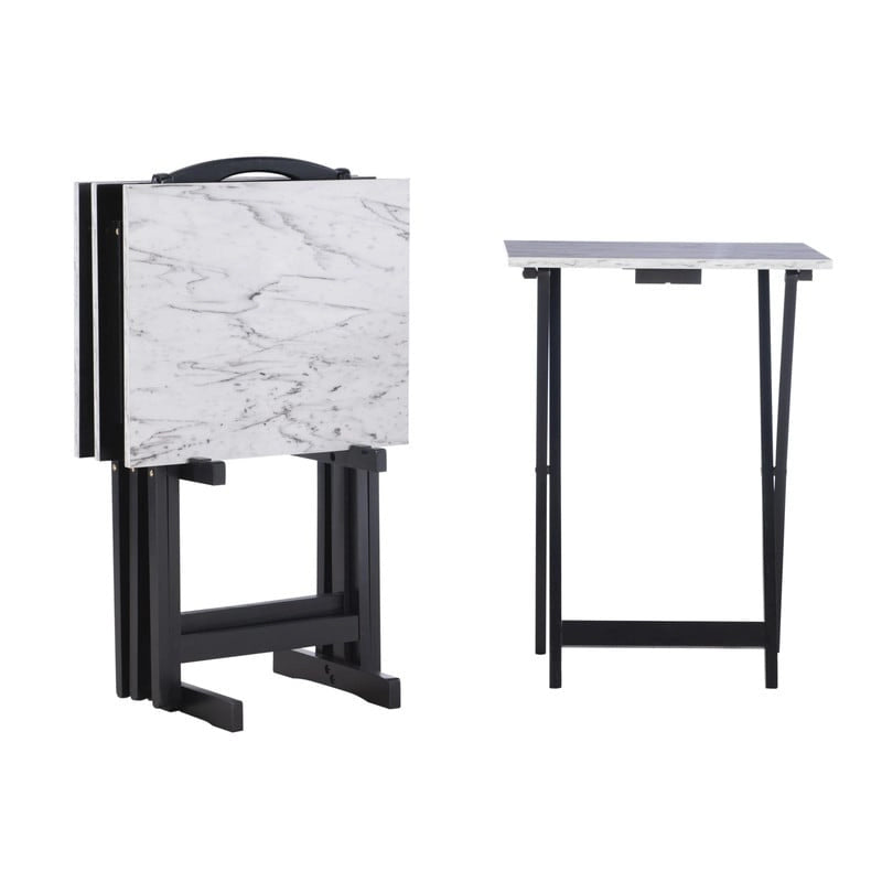 Ensemble de 4 tables de service imitation marbre avec support de rangement | Pliables | Base noire | Capacité de 9 kg