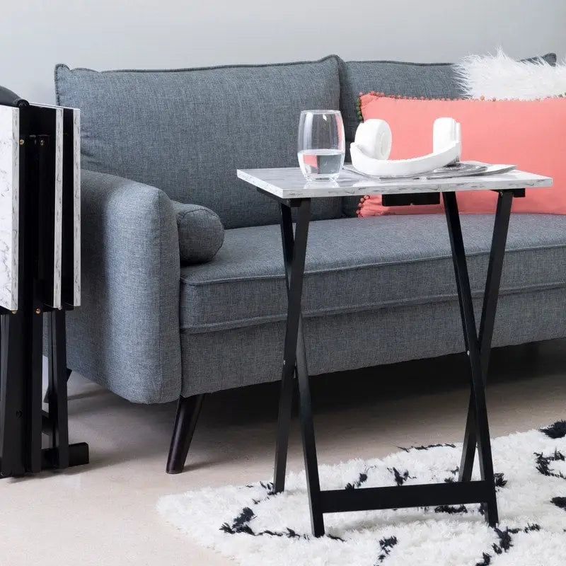 Ensemble de 4 tables de service imitation marbre avec support de rangement | Pliables | Base noire | Capacité de 9 kg