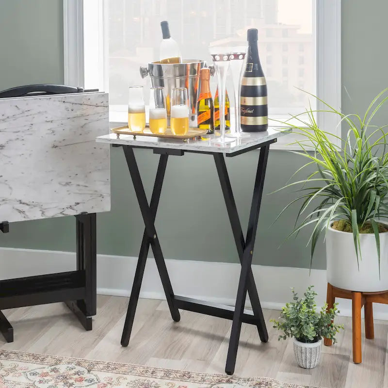 Ensemble de 4 tables de service imitation marbre avec support de rangement | Pliables | Base noire | Capacité de 9 kg