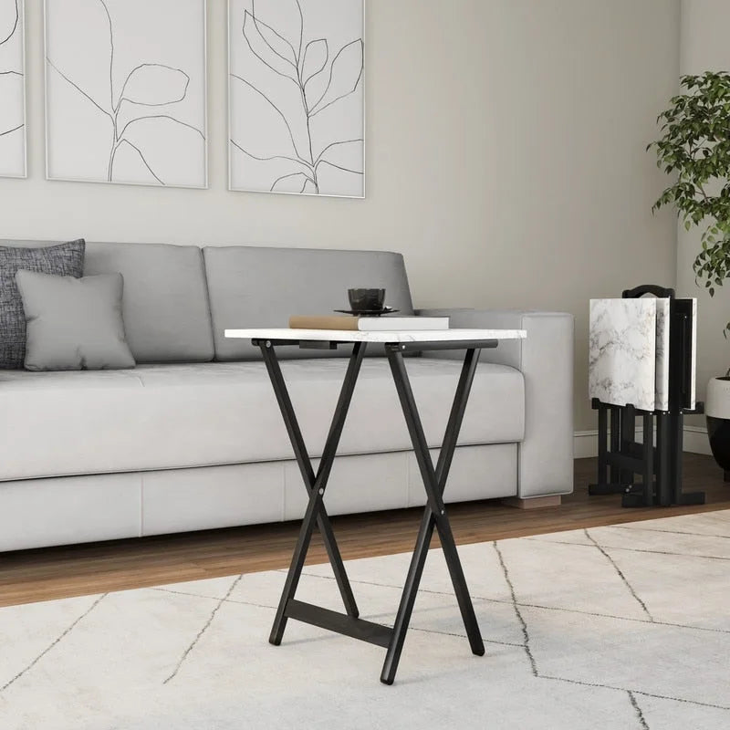 Ensemble de 4 tables de service imitation marbre avec support de rangement | Pliables | Base noire | Capacité de 9 kg