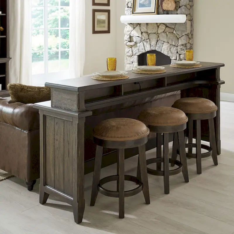 Table console de bar 4 pièces et 3 tabourets | Bois d'hévéa | Station de charge intégrée | Marron selle