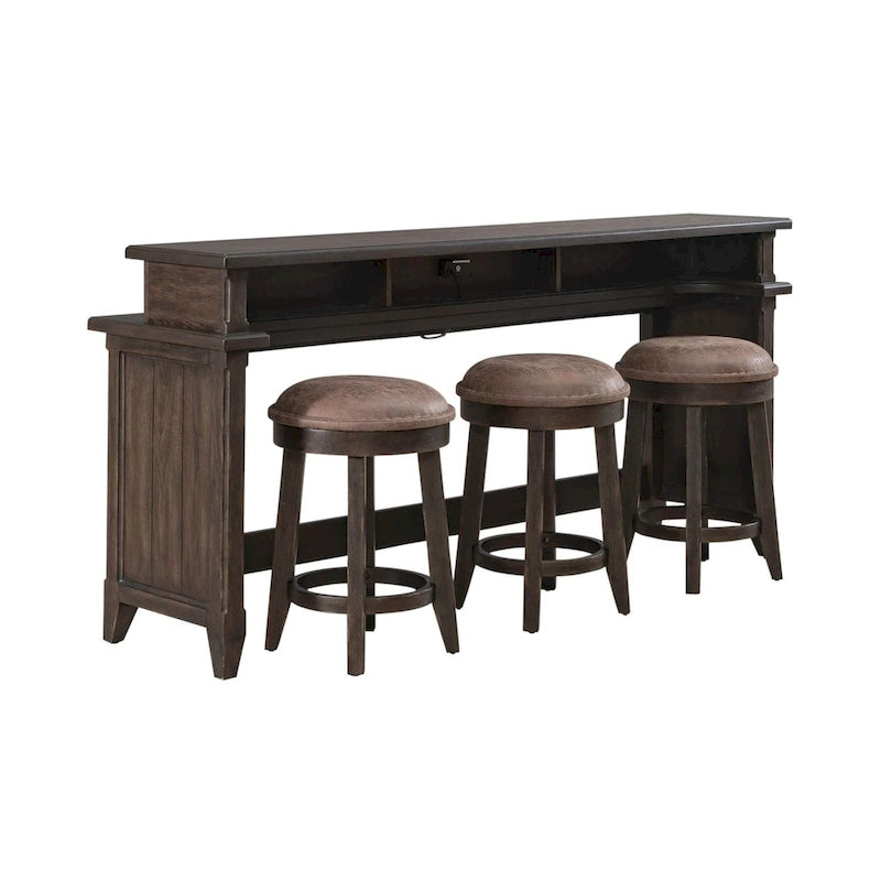 Table console de bar 4 pièces et 3 tabourets | Bois d'hévéa | Station de charge intégrée | Marron selle