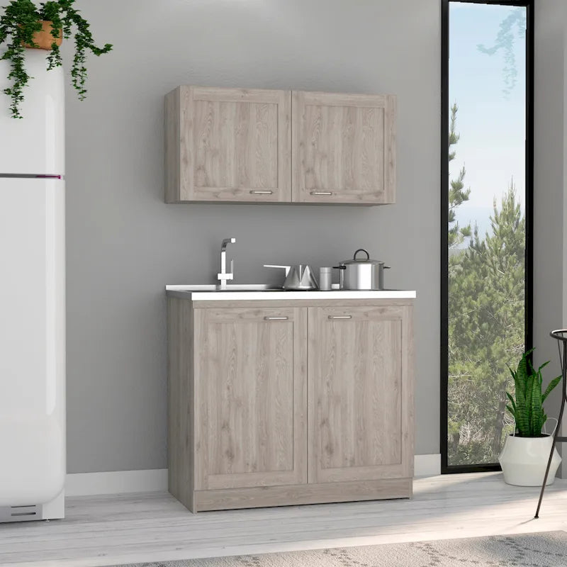 Ensemble de meubles de cuisine | Élément haut + Élément bas | 2 étagères intérieures | Blanc/Gris/Noir | Garantie 1 an