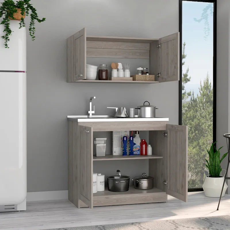 Ensemble de meubles de cuisine | Élément haut + Élément bas | 2 étagères intérieures | Blanc/Gris/Noir | Garantie 1 an