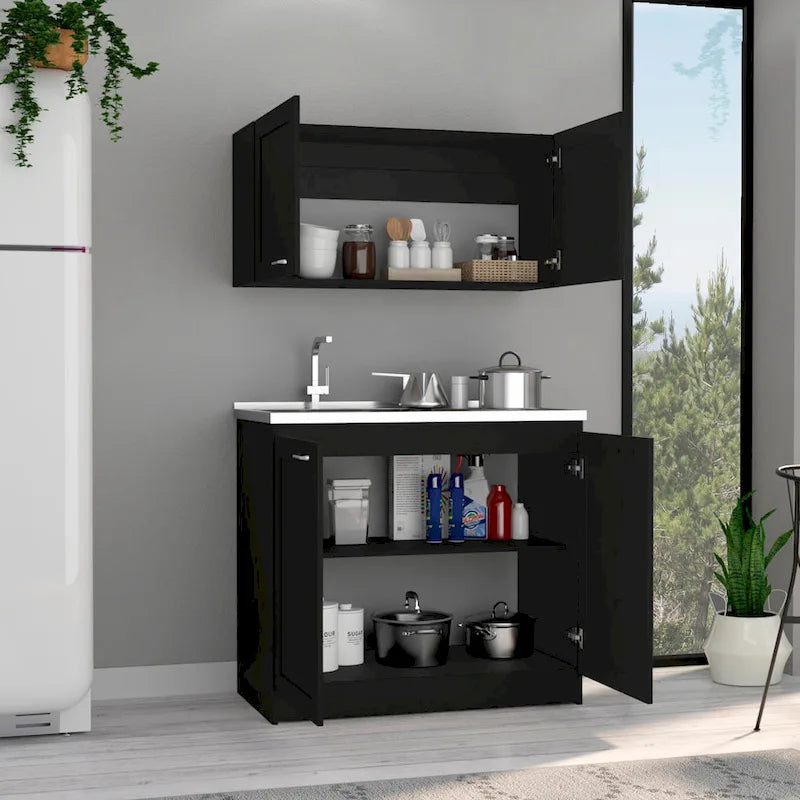 Ensemble de meubles de cuisine | Élément haut + Élément bas | 2 étagères intérieures | Blanc/Gris/Noir | Garantie 1 an