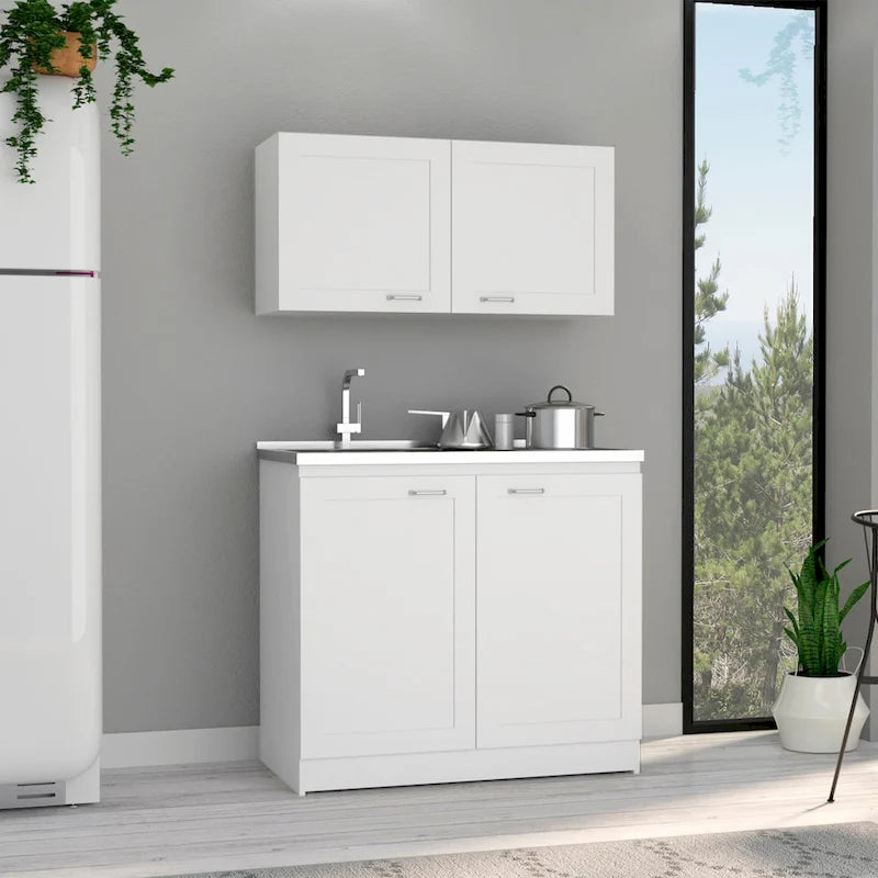 Ensemble de meubles de cuisine | Élément haut + Élément bas | 2 étagères intérieures | Blanc/Gris/Noir | Garantie 1 an