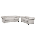 Ensemble canapé Chesterfield et causeuse 2 places capitonnés | Tissu lin | Accoudoirs roulés | Coloris beige/gris