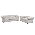 Ensemble canapé Chesterfield et causeuse 2 places capitonnés | Tissu lin | Accoudoirs roulés | Coloris beige/gris
