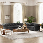 Ensemble canapé Chesterfield et causeuse 2 places capitonnés | Tissu lin | Accoudoirs roulés | Coloris beige/gris