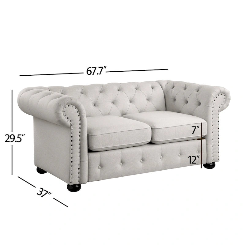 Ensemble canapé Chesterfield et causeuse 2 places capitonnés | Tissu lin | Accoudoirs roulés | Coloris beige/gris