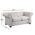 Ensemble canapé Chesterfield et causeuse 2 places capitonnés | Tissu lin | Accoudoirs roulés | Coloris beige/gris