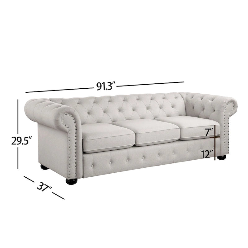 Ensemble canapé Chesterfield et causeuse 2 places capitonnés | Tissu lin | Accoudoirs roulés | Coloris beige/gris