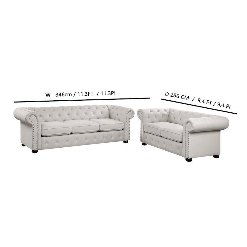 Ensemble canapé Chesterfield et causeuse 2 places capitonnés | Tissu lin | Accoudoirs roulés | Coloris beige/gris