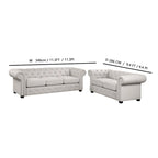 Ensemble canapé Chesterfield et causeuse 2 places capitonnés | Tissu lin | Accoudoirs roulés | Coloris beige/gris
