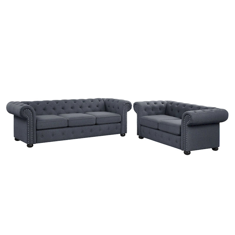 Ensemble canapé Chesterfield et causeuse 2 places capitonnés | Tissu lin | Accoudoirs roulés | Coloris beige/gris