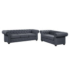 Ensemble canapé Chesterfield et causeuse 2 places capitonnés | Tissu lin | Accoudoirs roulés | Coloris beige/gris