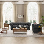 Ensemble canapé Chesterfield et causeuse 2 places capitonnés | Tissu lin | Accoudoirs roulés | Coloris beige/gris