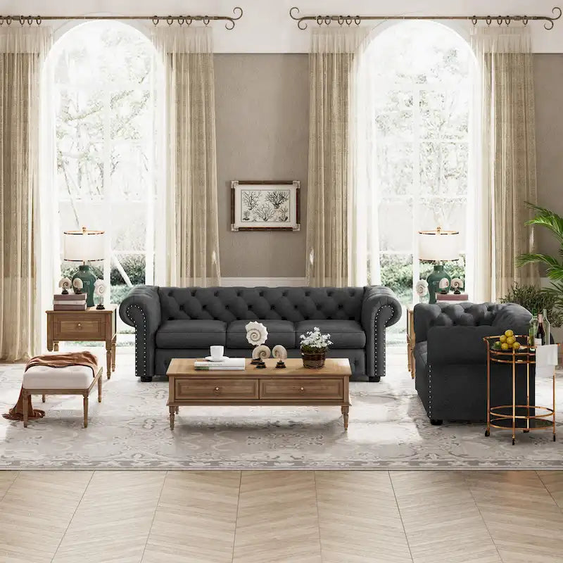 Ensemble canapé Chesterfield et causeuse 2 places capitonnés | Tissu lin | Accoudoirs roulés | Coloris beige/gris