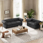 Ensemble canapé Chesterfield et causeuse 2 places capitonnés | Tissu lin | Accoudoirs roulés | Coloris beige/gris