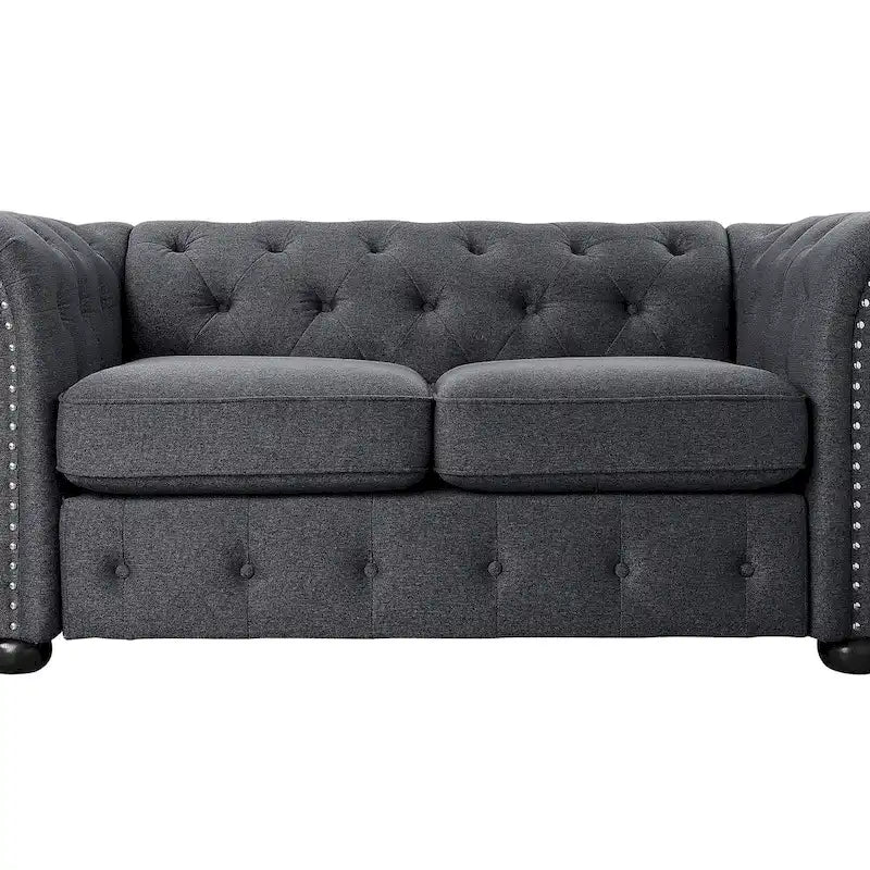 Ensemble canapé Chesterfield et causeuse 2 places capitonnés | Tissu lin | Accoudoirs roulés | Coloris beige/gris